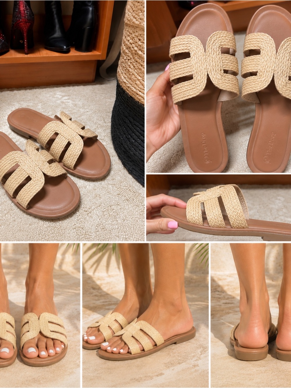 Braided Straw Slide Sandals in Natural Beige